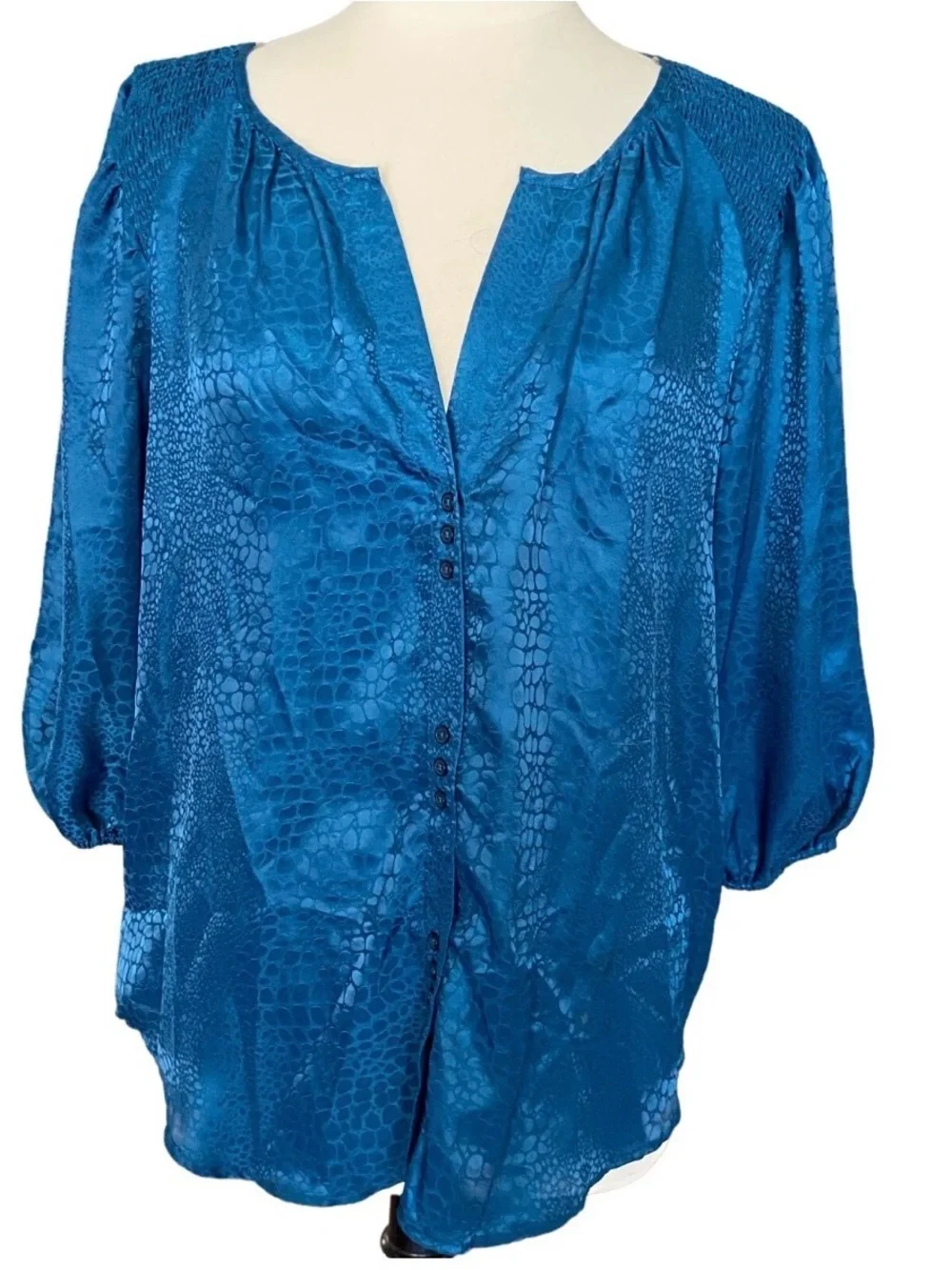 Zac & Rachel Teal-Blue Satin Button Front Blouse